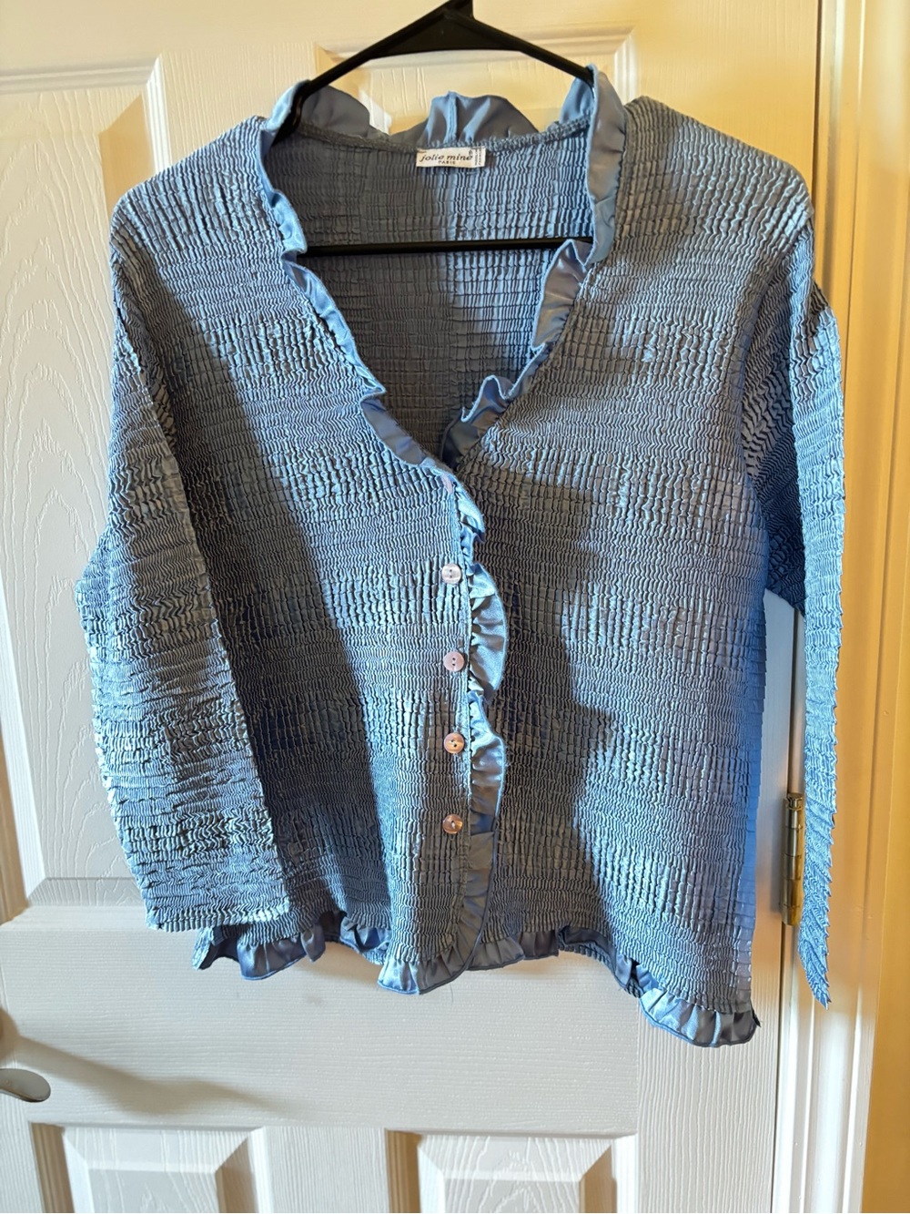 Light Blue Ruffle-Trim Button Front Blouse